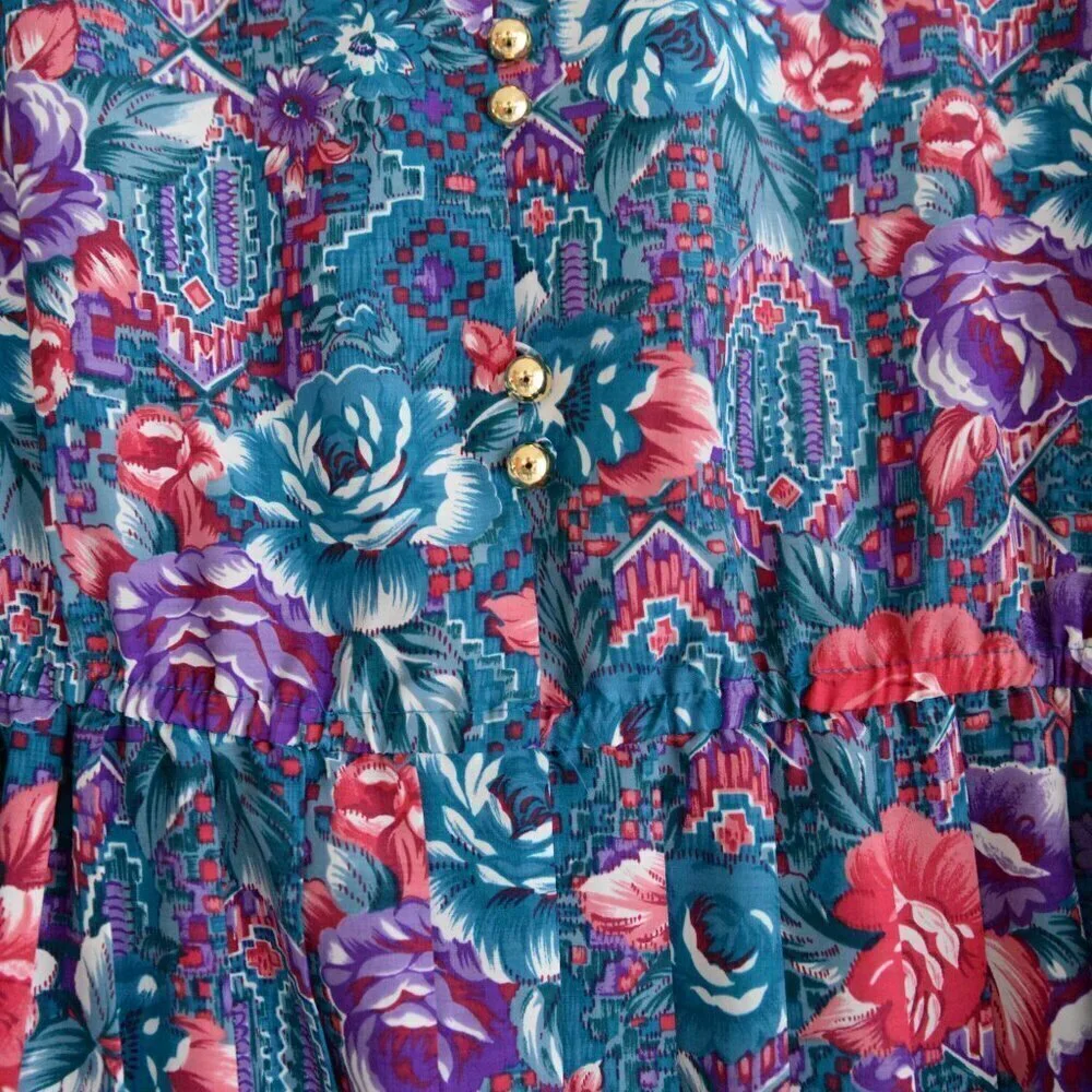 Vintage Schrader Teal Purple Floral Button Front Pleated Maxi Retro 80s Dress 18 - Picture 8 of 14